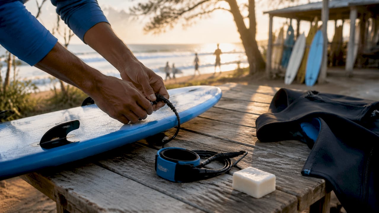 Hands preparing beginner surf gear on beach bench