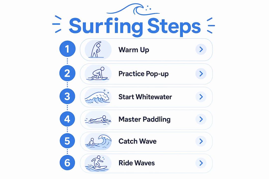 Infographic illustrating beginner surfing step-by-step process