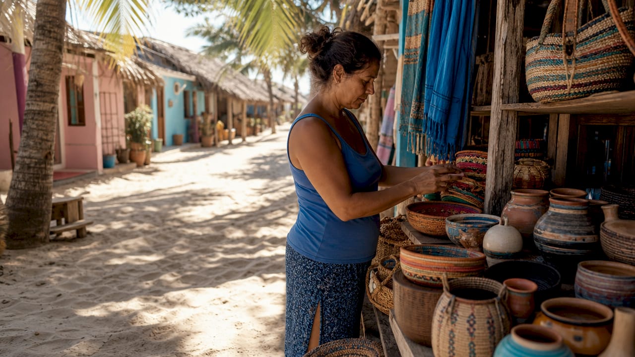 Local vendor selling crafts at beach village
