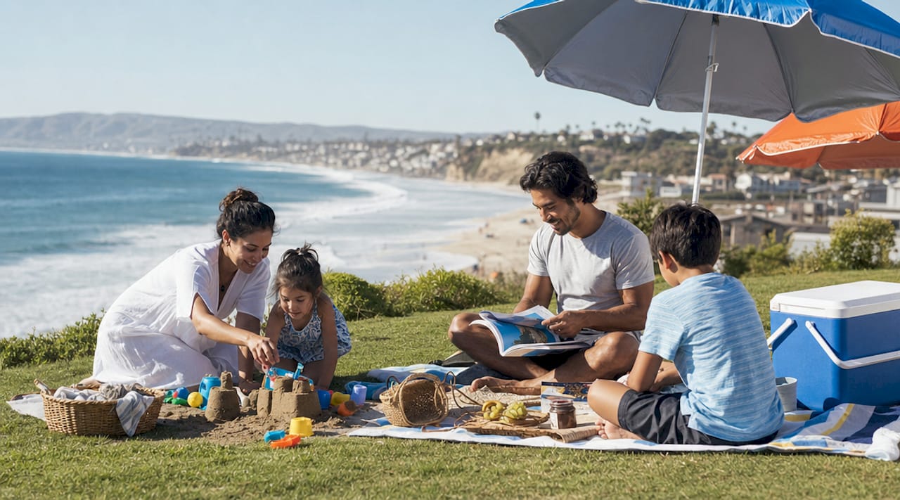 Family relaxing at resort beach village