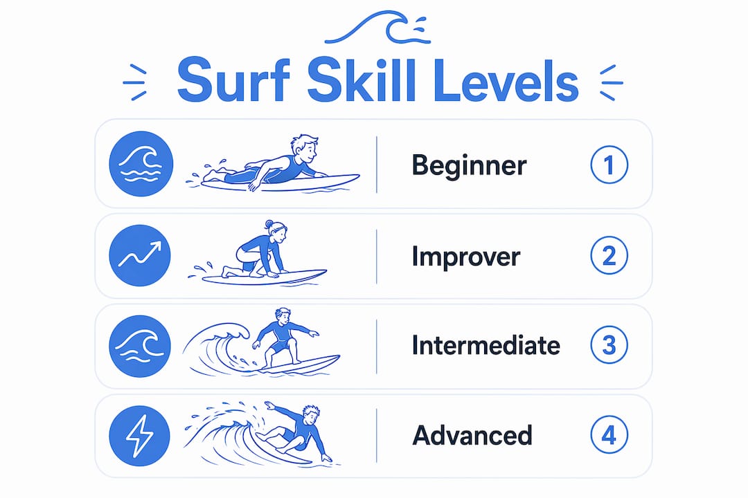 Infographic showing four surf skill levels in vertical flow format