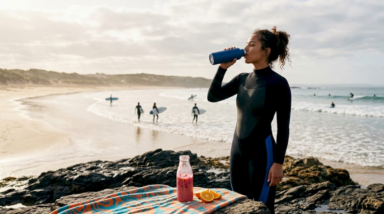Surfer hydrating and preparing light snack on beach morning