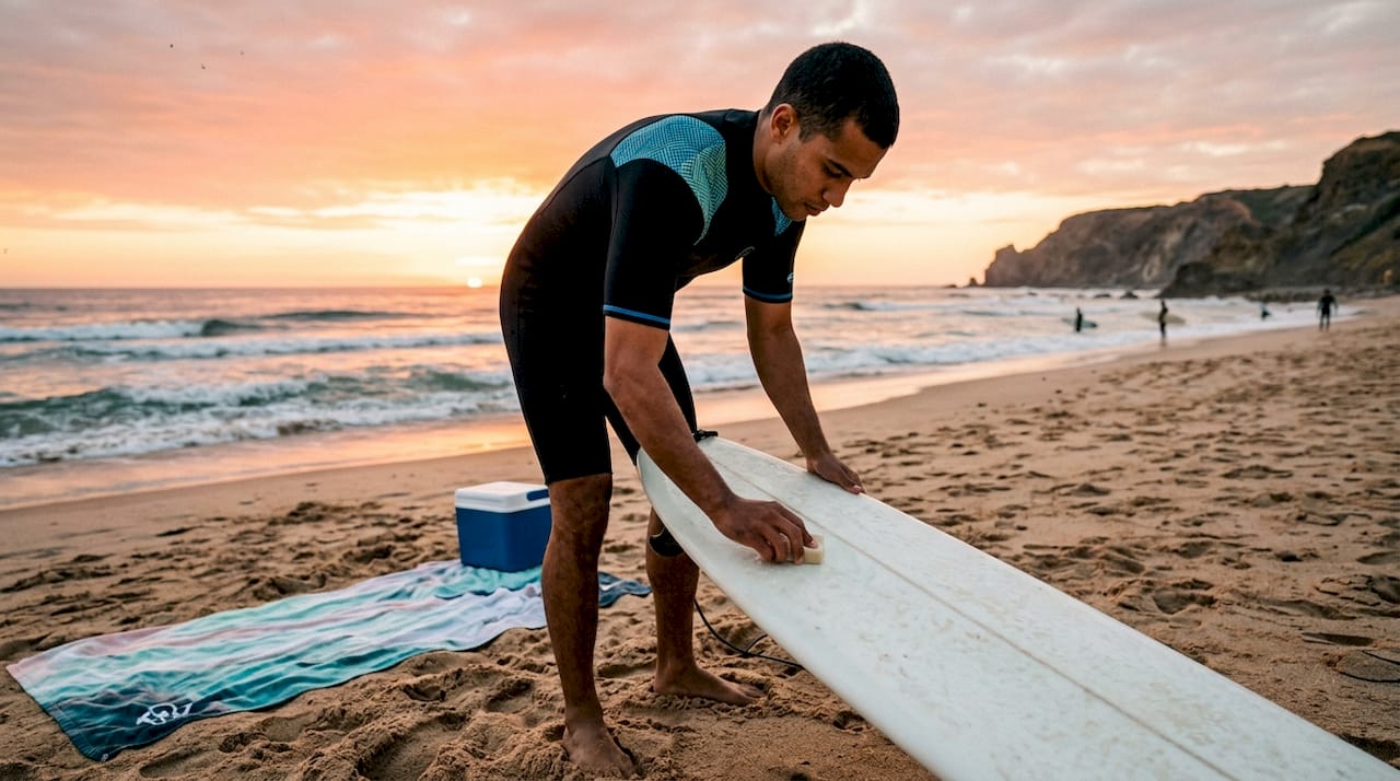 Surfer waxing board at sunrise on rocky beach