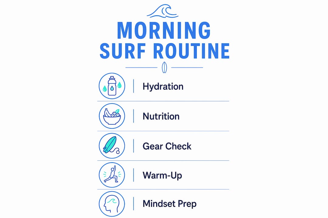 Infographic showing morning surf routine step sequence