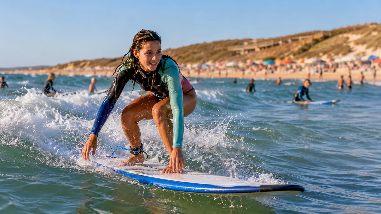 Surfer performing pop-up on wave at beach