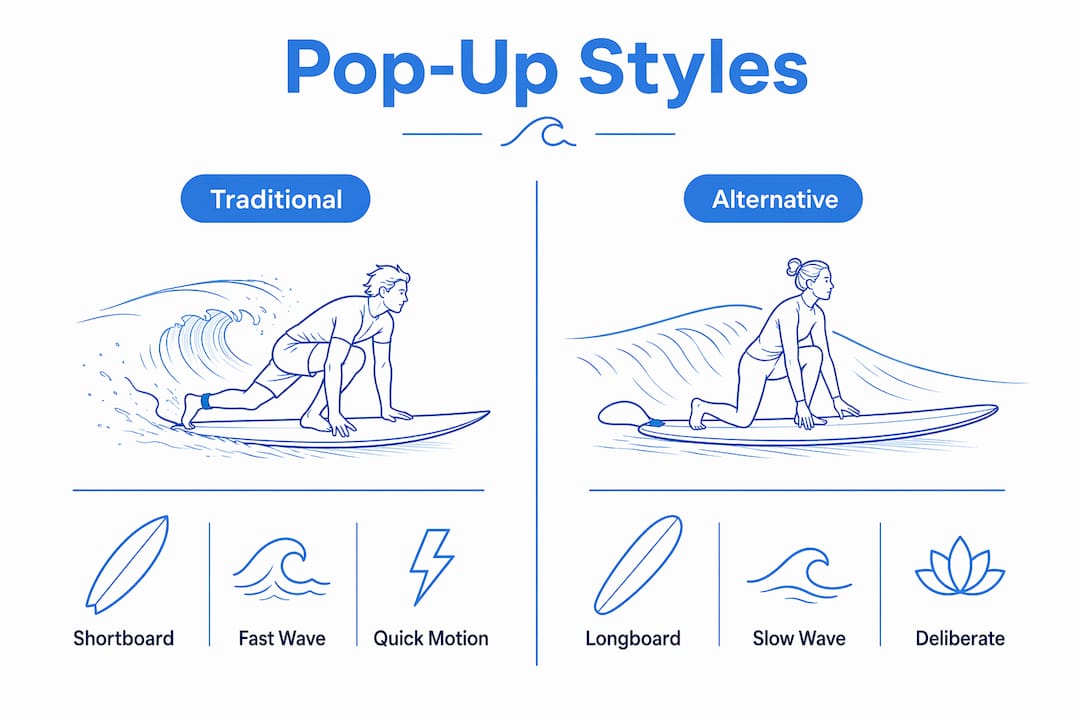 Infographic comparing traditional and alternative pop-up surfing styles