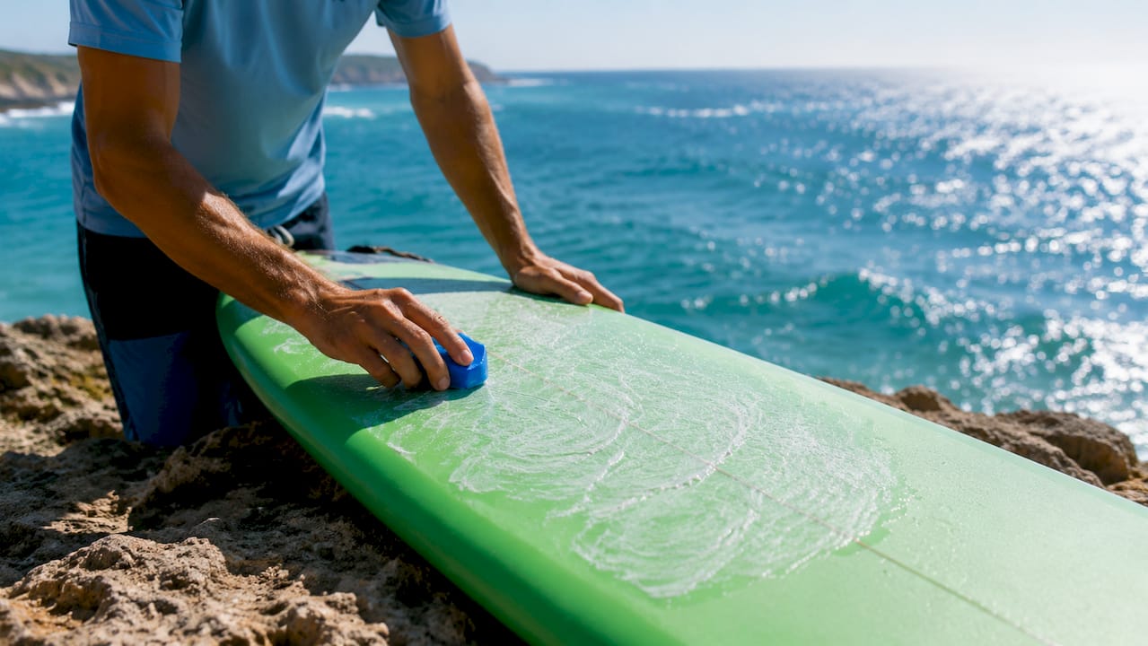 Hands waxing surfboard at beach