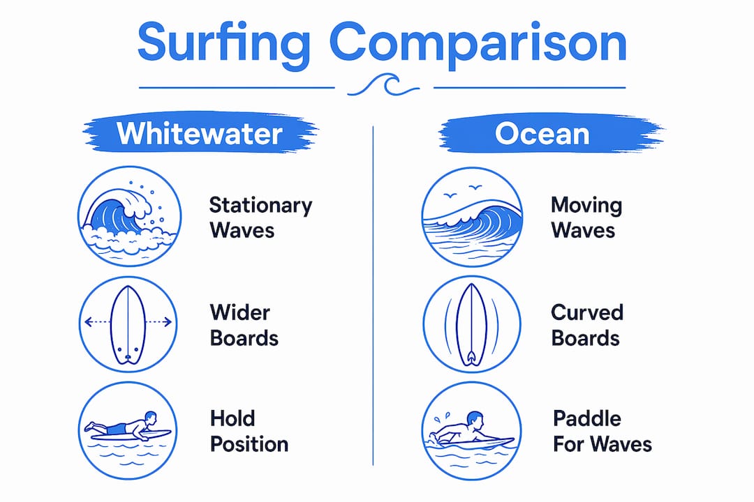 Infographic comparing whitewater and ocean surfing
