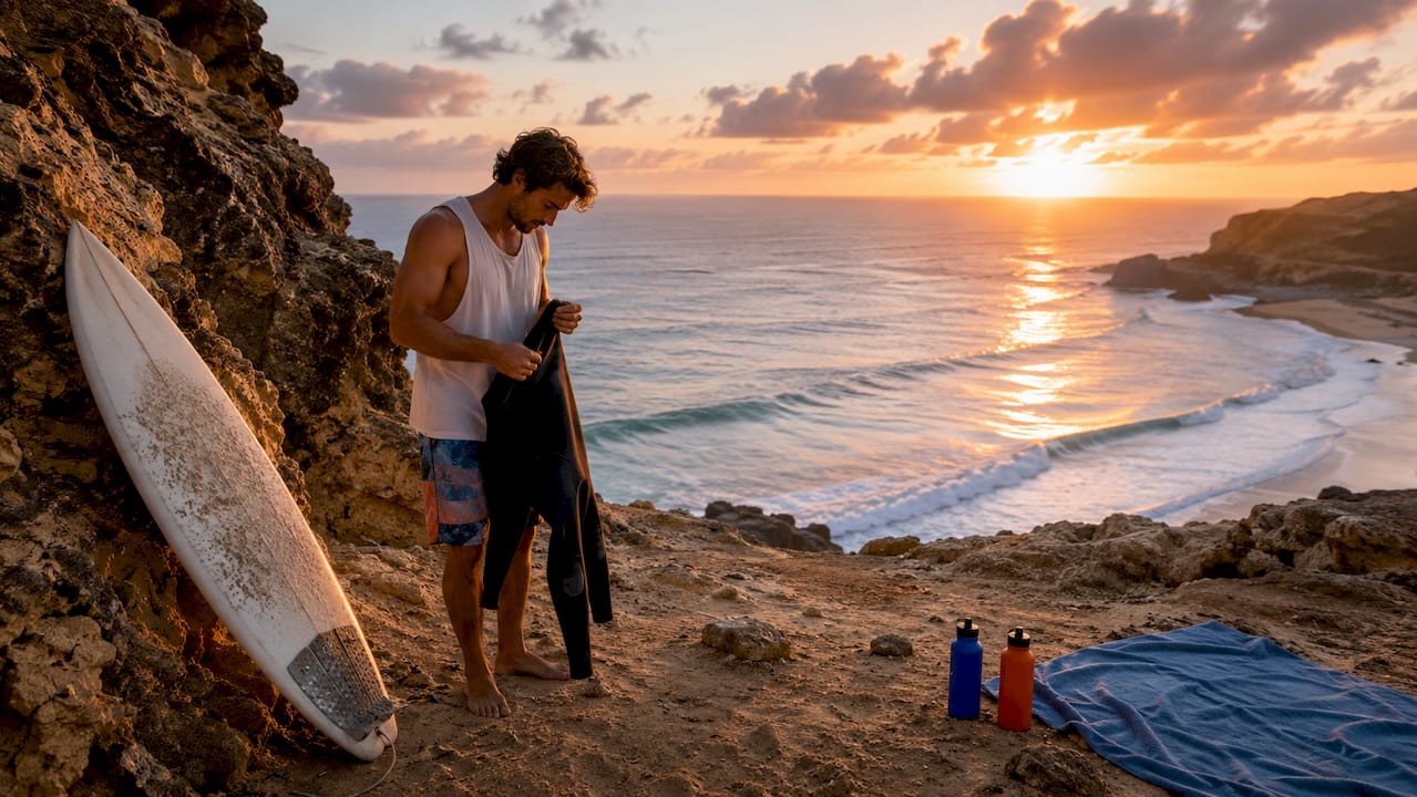 Surfer removing wetsuit after session