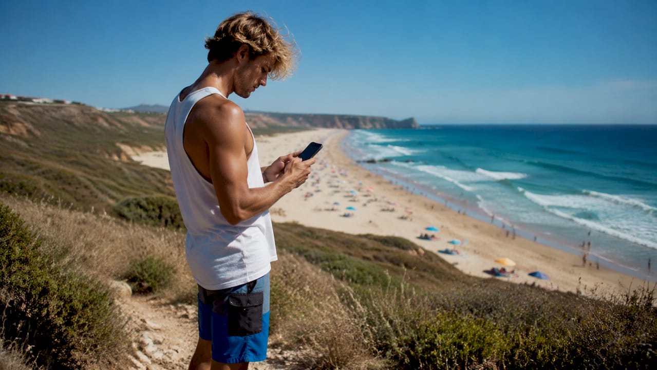 Surfer checking weather on phone at beach dunes