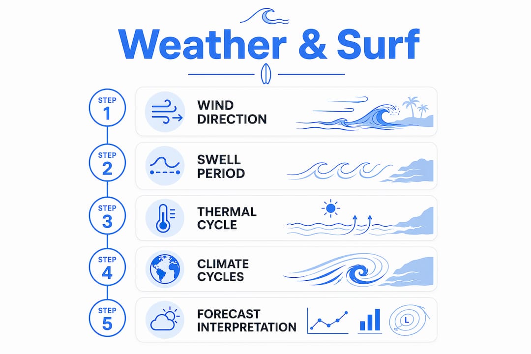 Infographic depicting weather factors influencing surfing conditions
