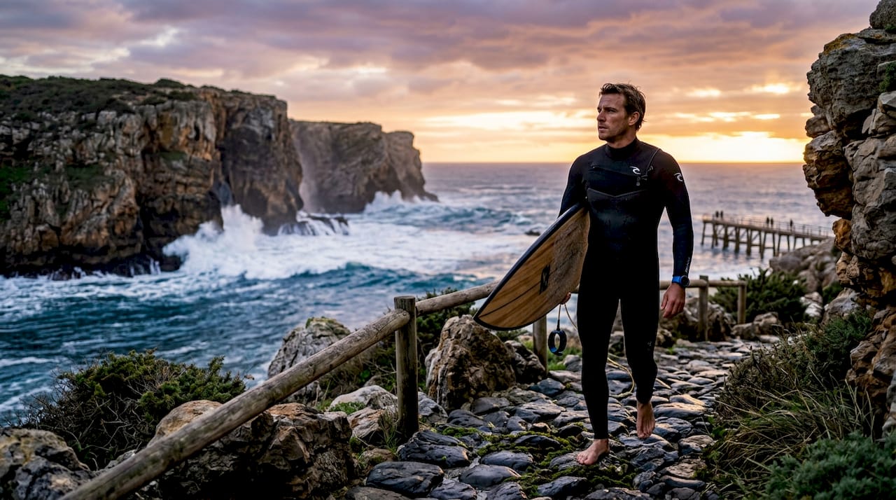 Surfer walking on quiet beach at sunrise