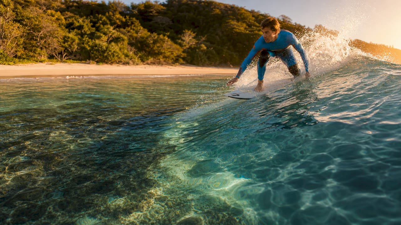 Aerial view of reef break and wave shape