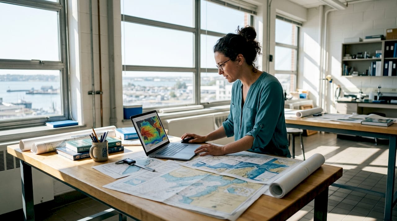 Oceanographer analyzing wave charts in lab