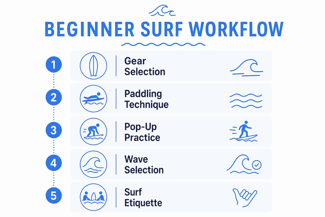 Infographic outlining beginner surf workflow steps