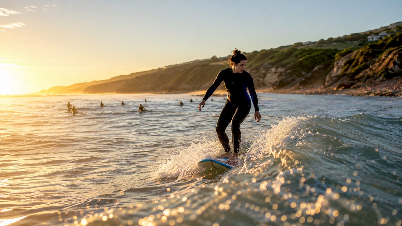 Surfer focused on maneuvering a small wave