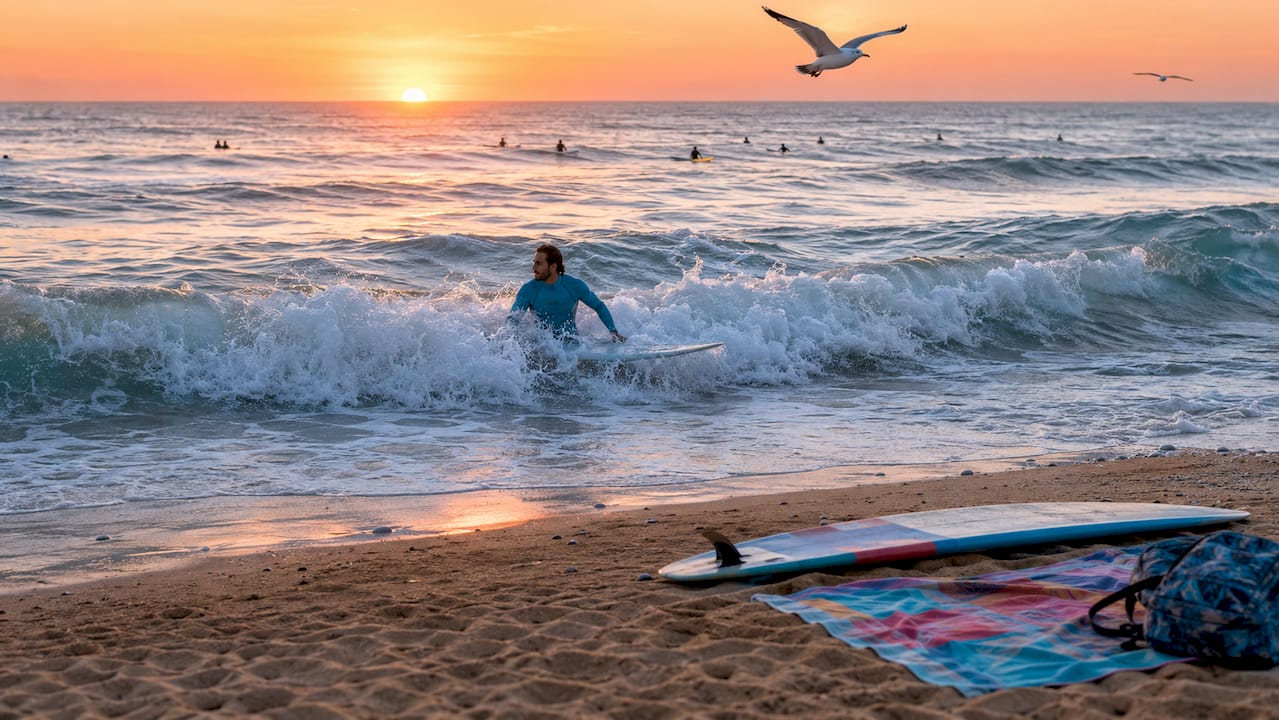 Surfer paddling out through ocean waves