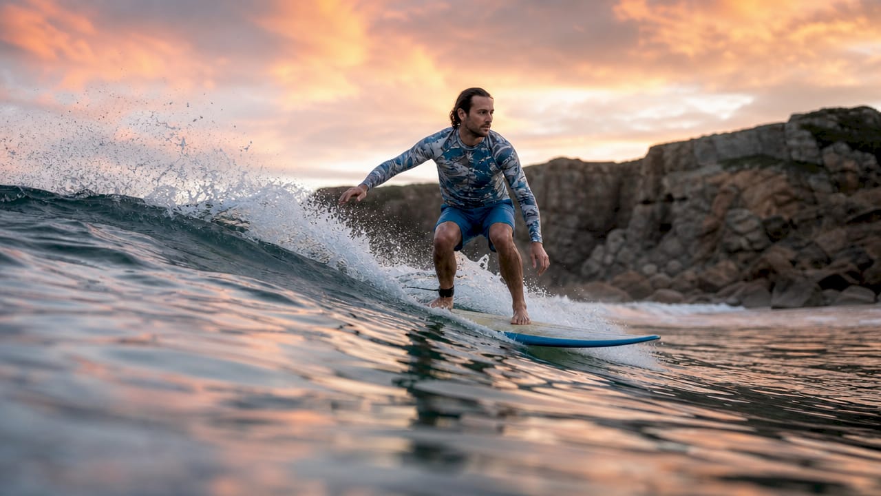 Surfer balancing riding a wave at sunset beach