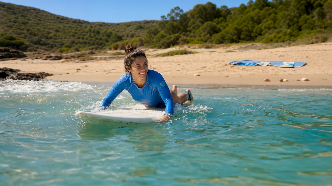 Adventure traveler paddling out on ocean surfboard