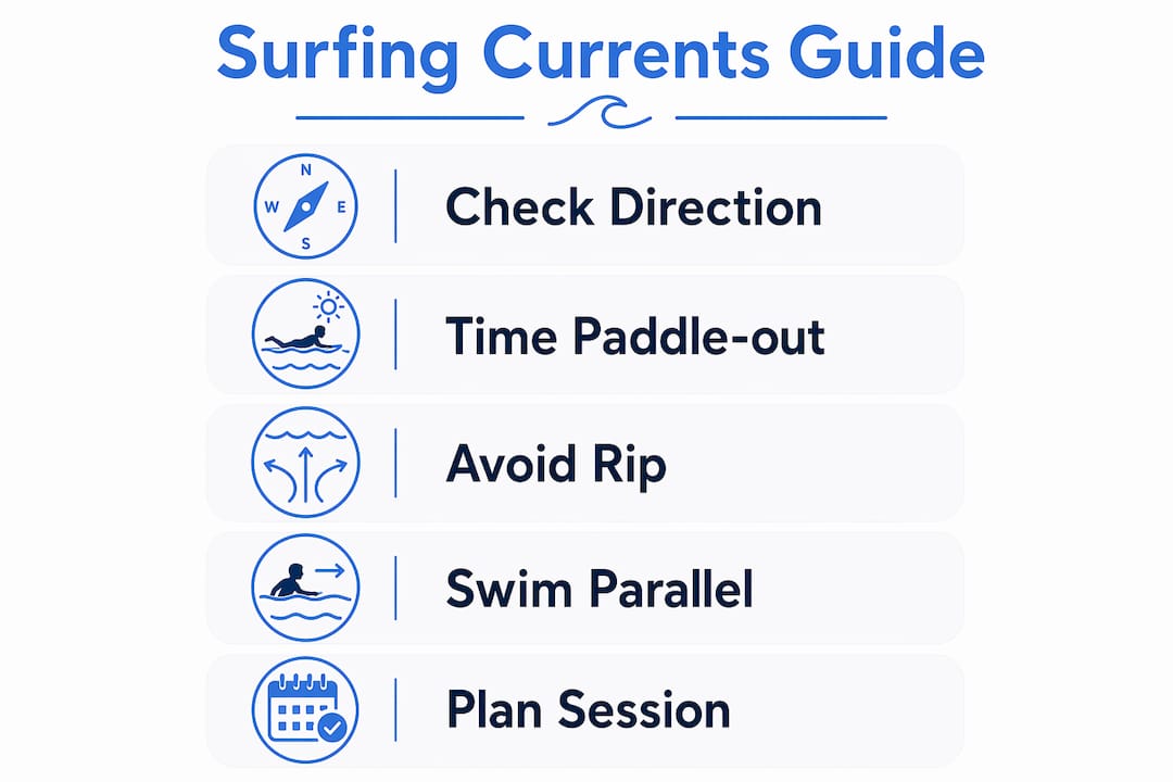 Infographic illustrating surfing currents and safety steps