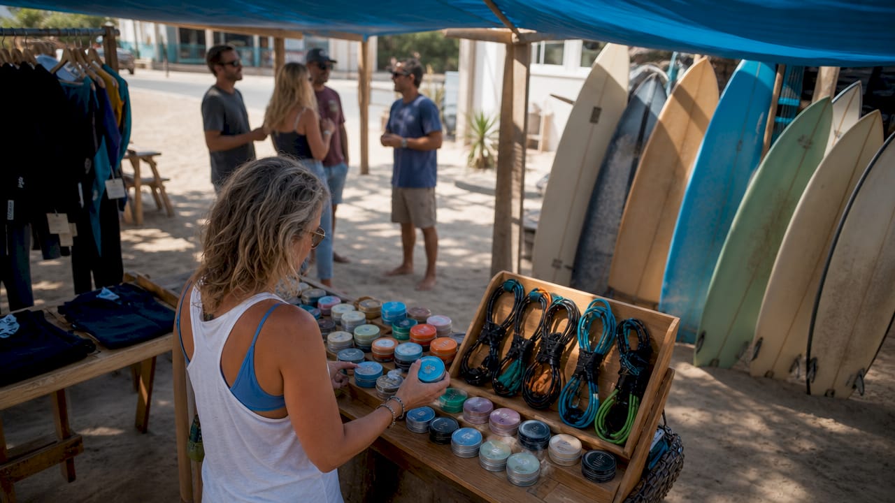 Woman checking surf gear at village market stall