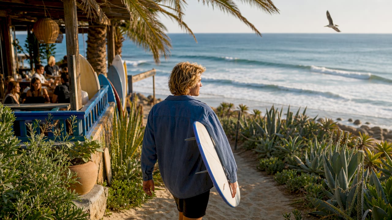 Surfer walking from beach village to ocean at sunrise