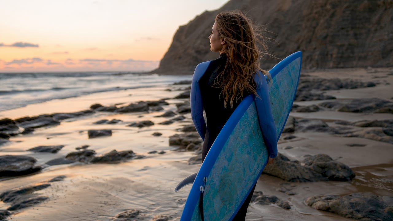 Woman walking with surfboard on local beach