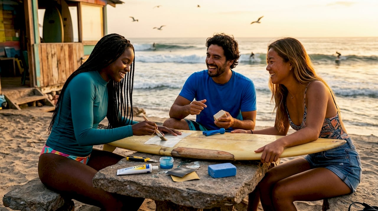 Surfers socializing at a beachside surf house deck