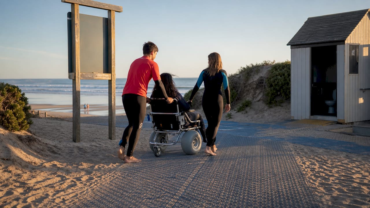 Accessible beach mat with wheelchair and lifeguard