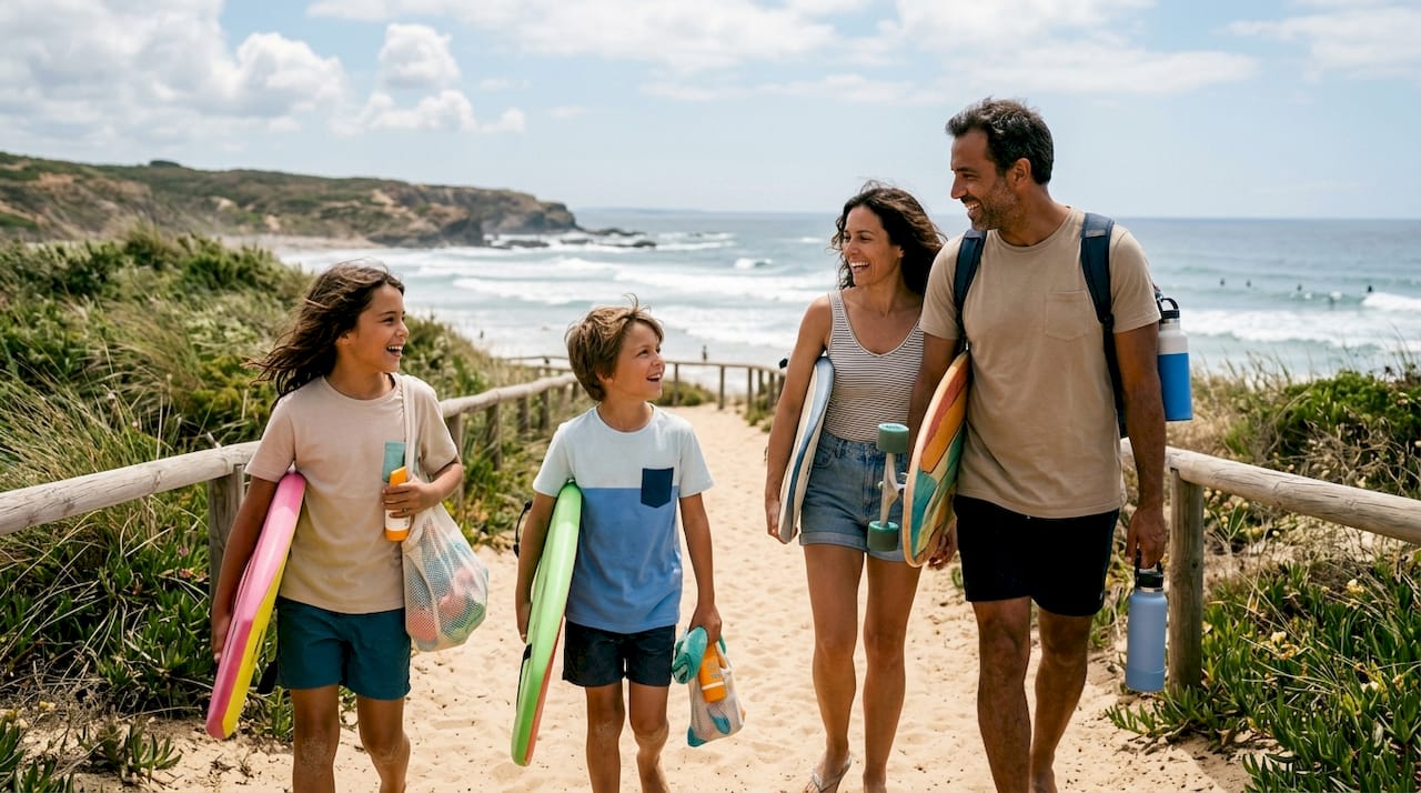 Family walking on accessible beach mat toward surf