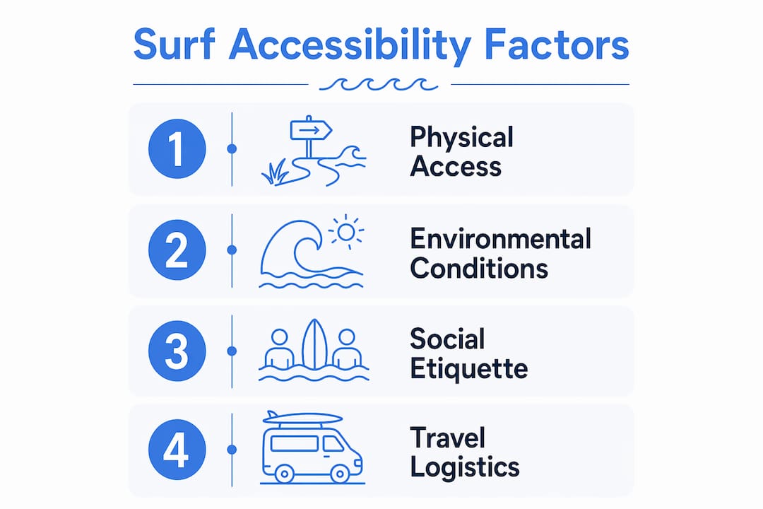 Infographic showing four key surf spot accessibility factors