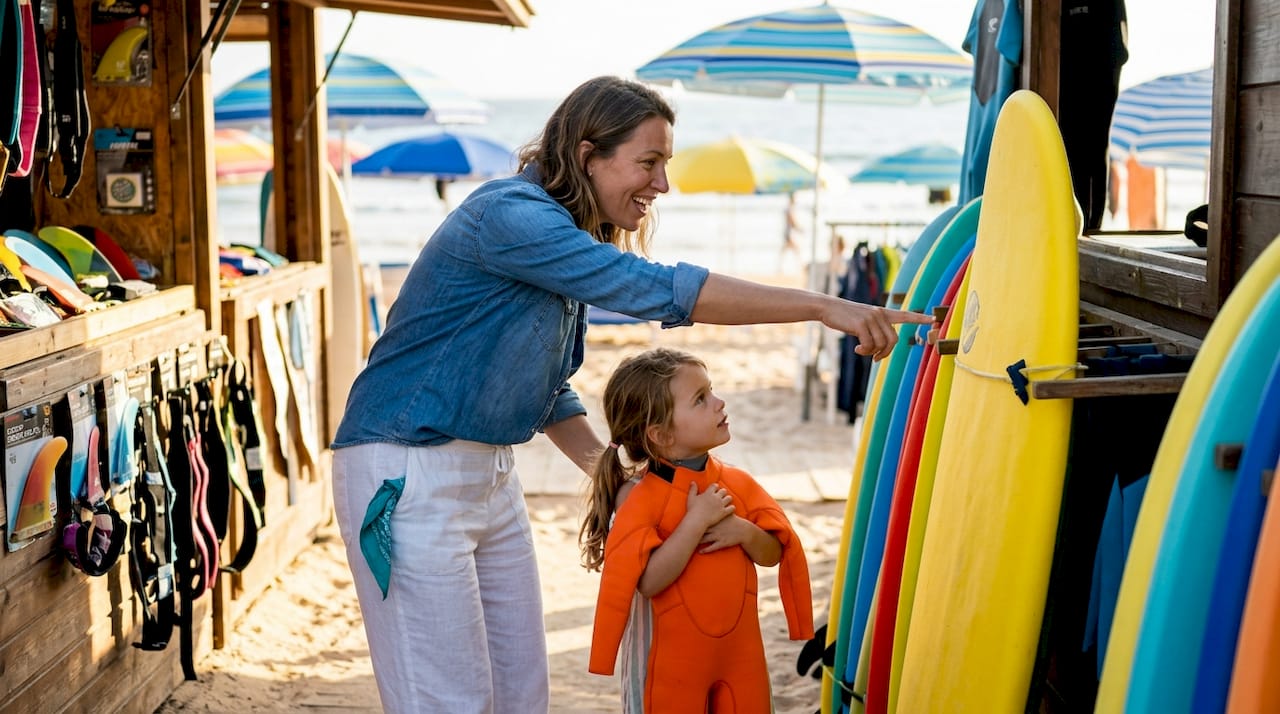 Parent and child choosing kids surf gear in surf shop