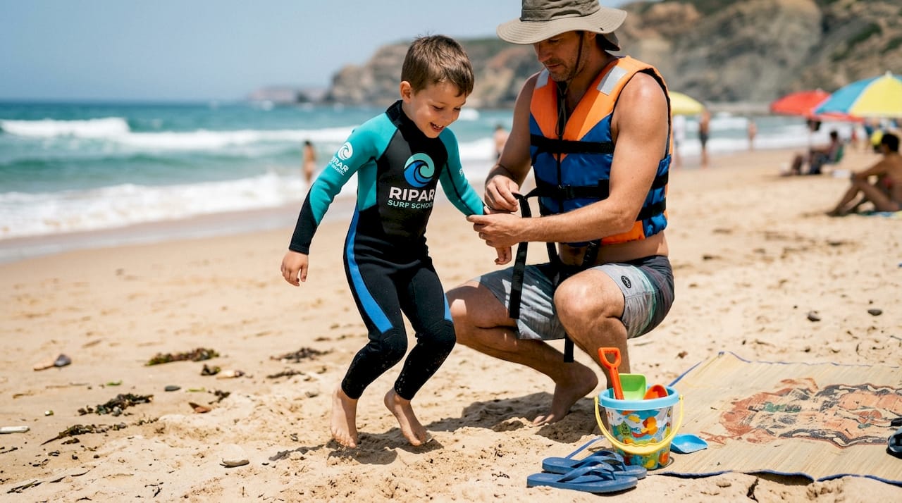 Adult adjusting child's wetsuit fit on beach