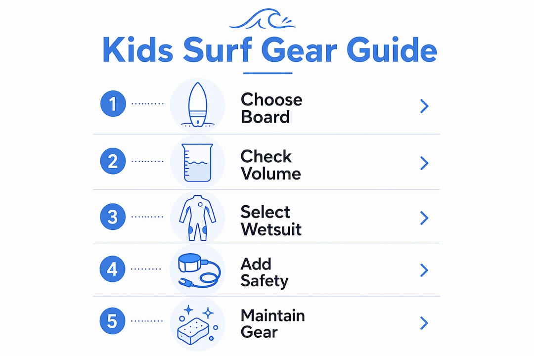 Infographic illustrating step-by-step kids surf gear selection