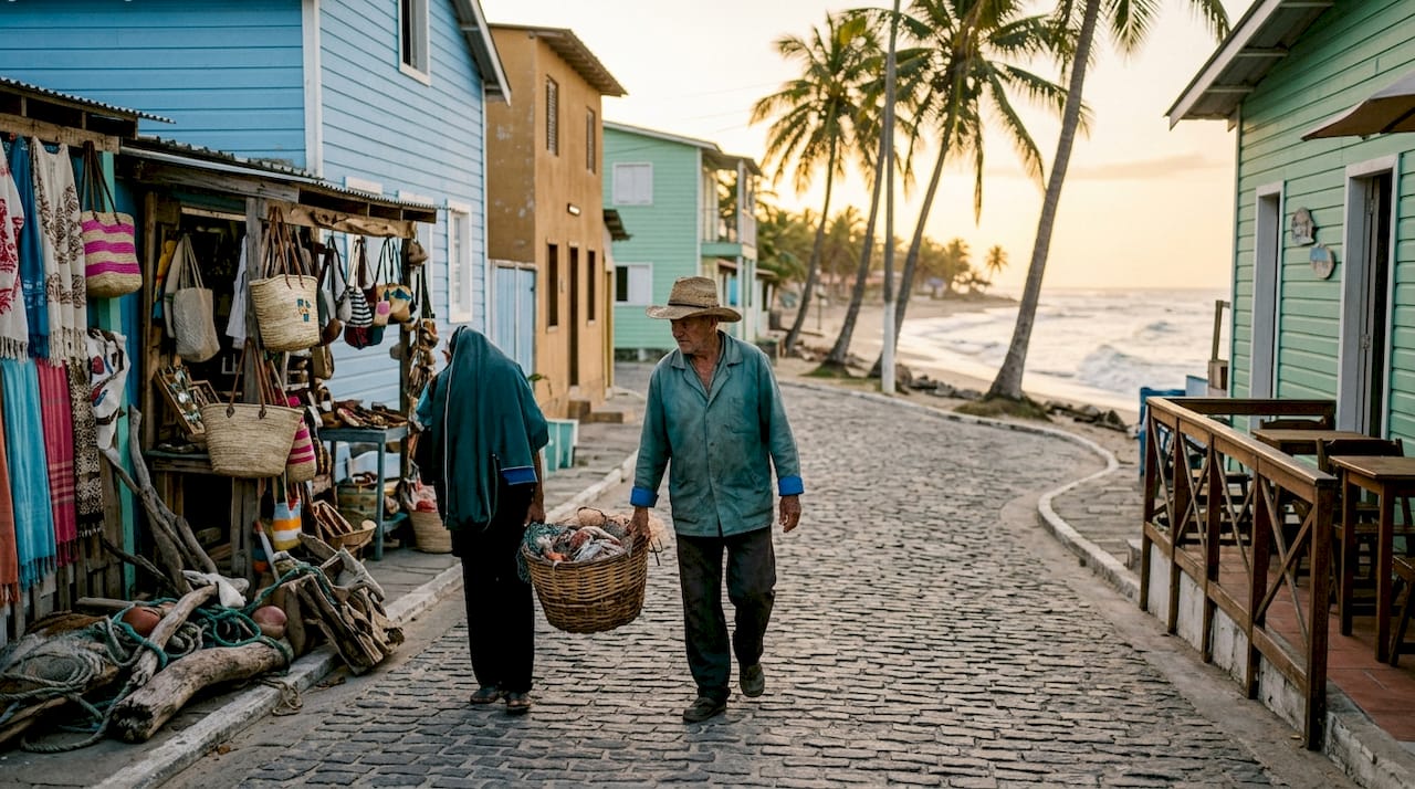 Coastal small beach village street scene