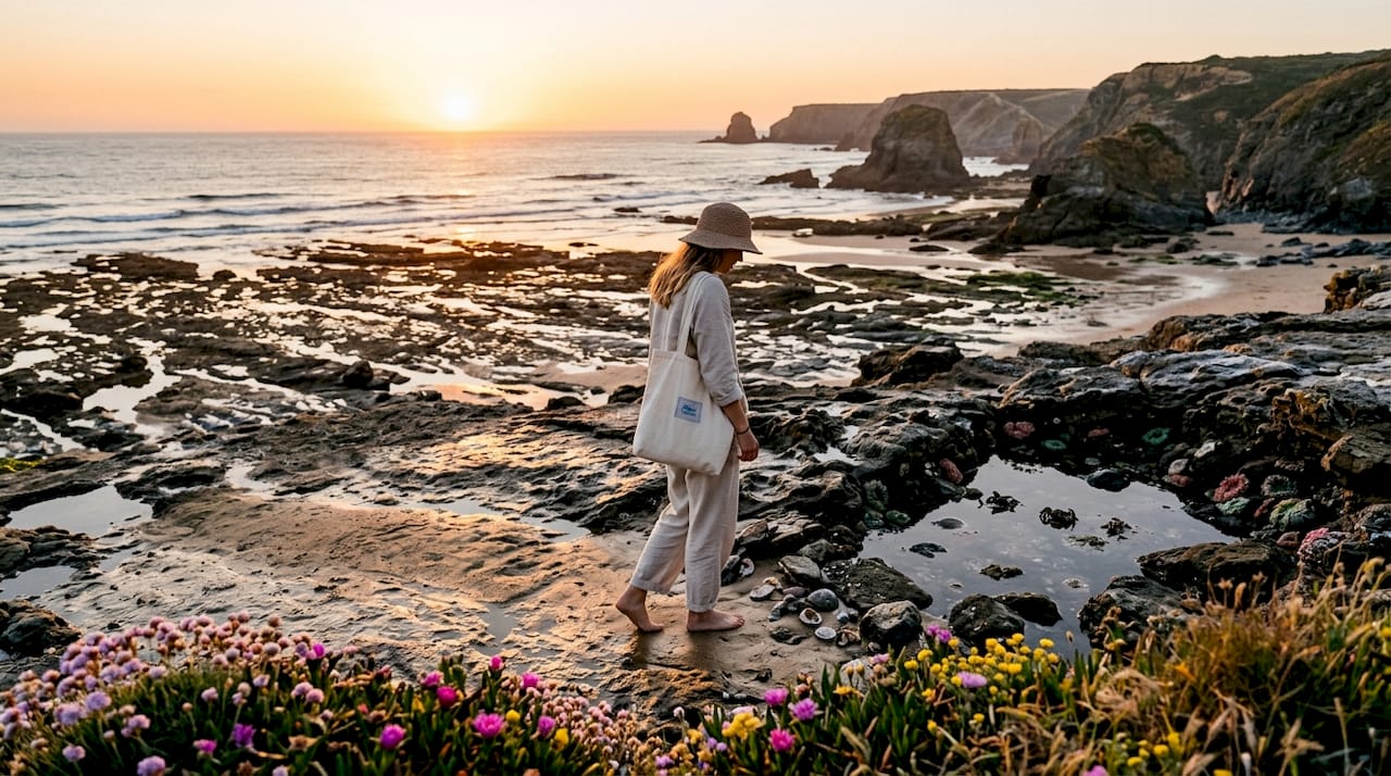 Traveler walking barefoot on quiet beach
