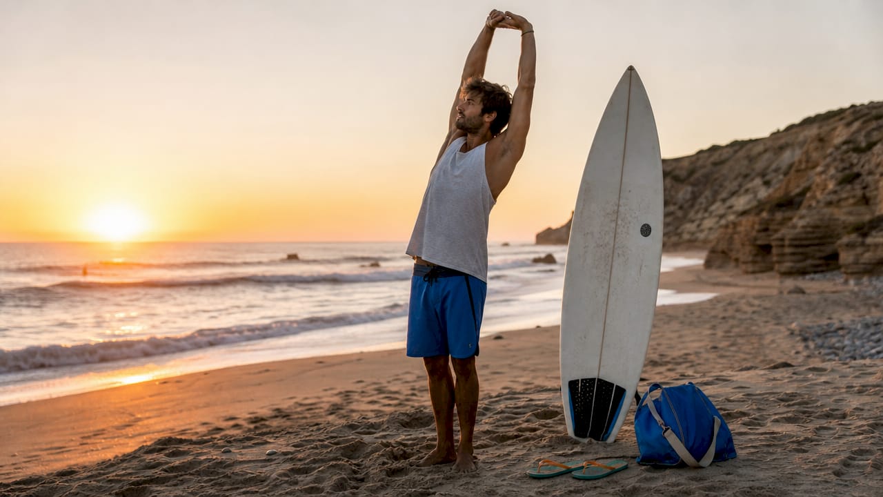 Surfer demonstrating fitness stretch on beach