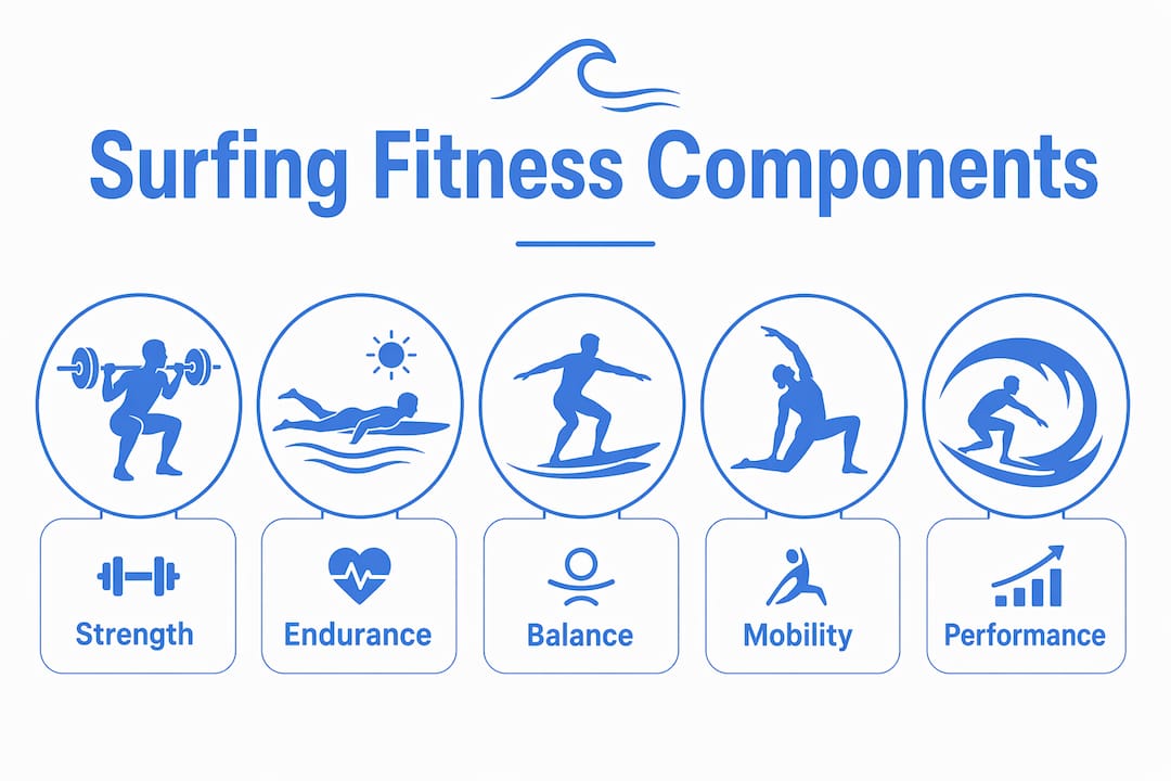 Infographic showing key physical fitness components for surfing