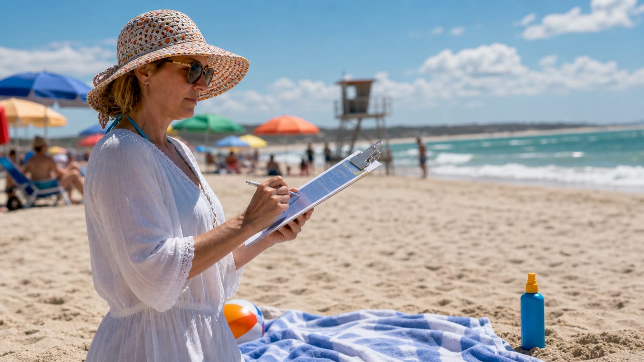 Woman reviewing ocean safety checklist on beach