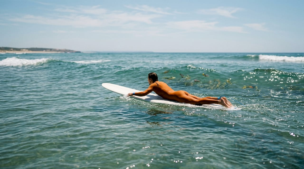 Surfer paddling through ocean channel at sunrise