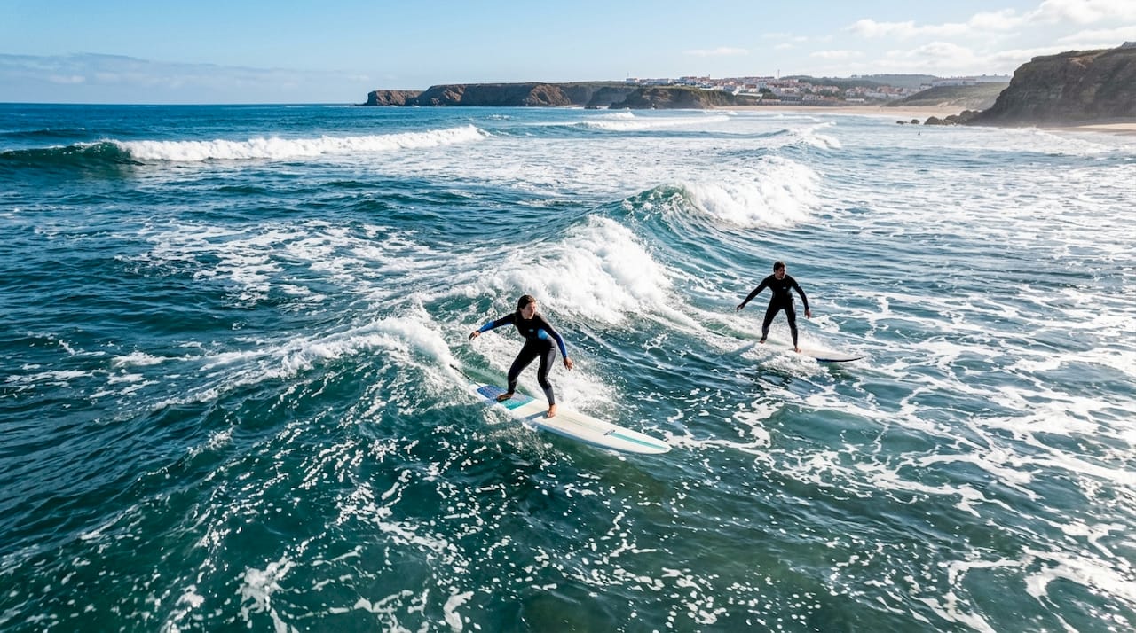 Two surfers observing right of way on waves