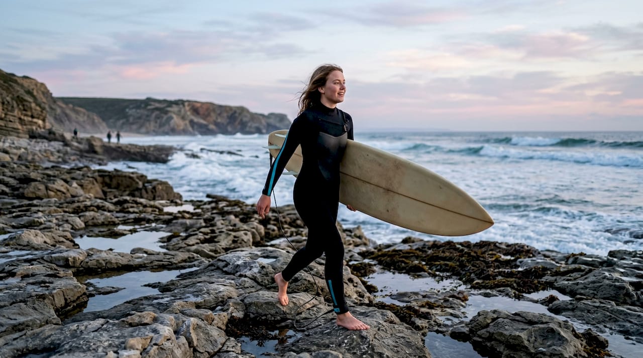Surfer walking along beach at dawn