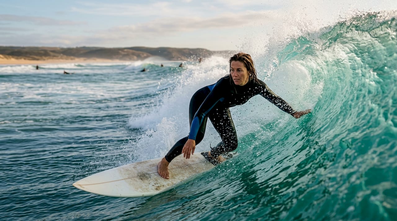Female surfer riding a wave at beach
