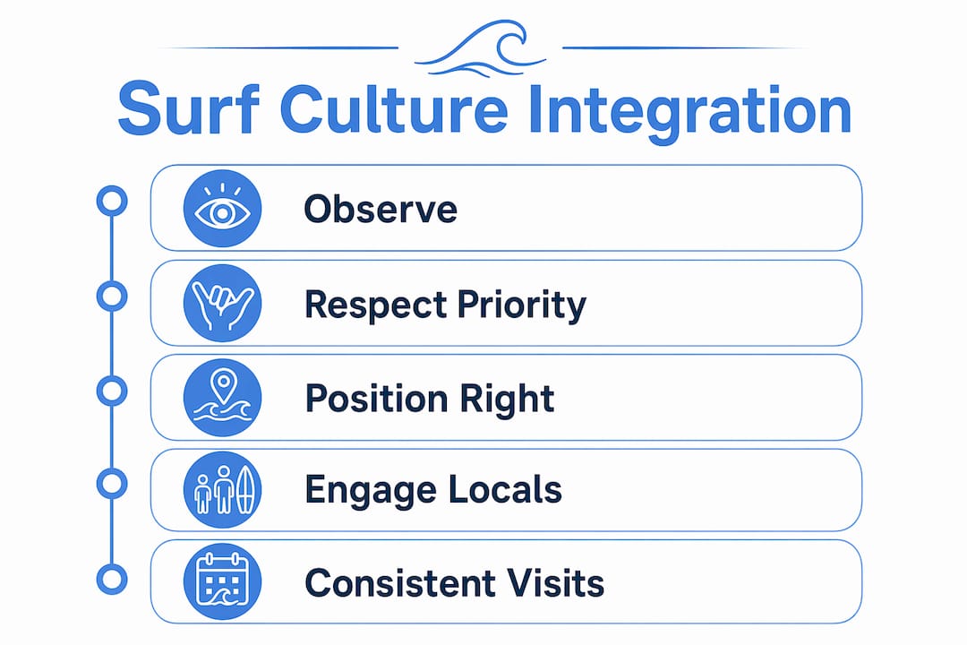 Infographic illustrating steps to integrate into surf culture