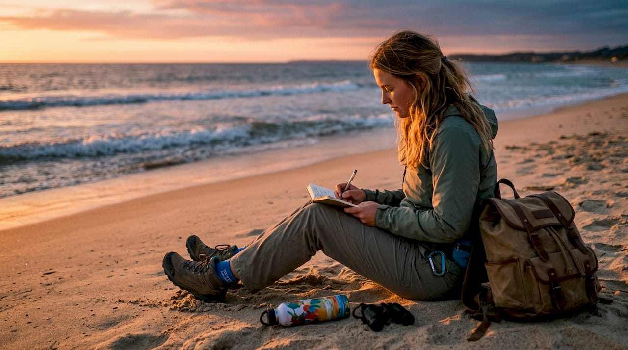 Traveler journaling on mossy rock in forest clearing