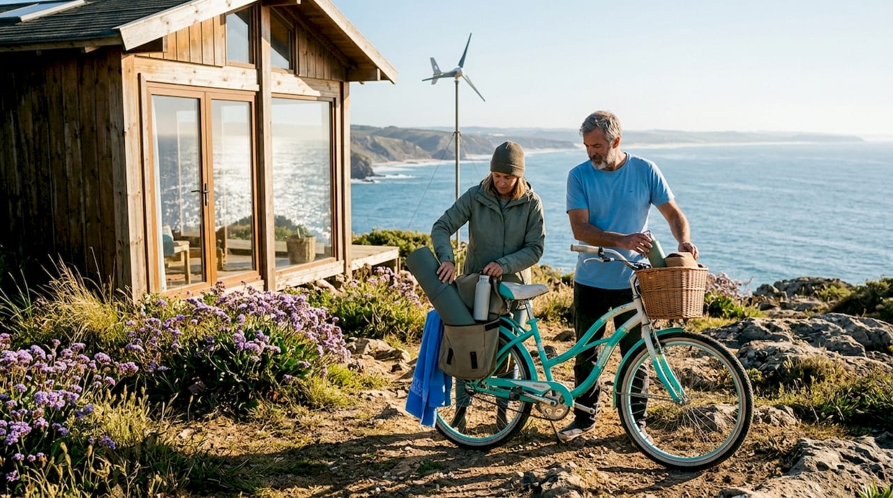 Eco-friendly cabin with couple unloading bicycle gear outdoors