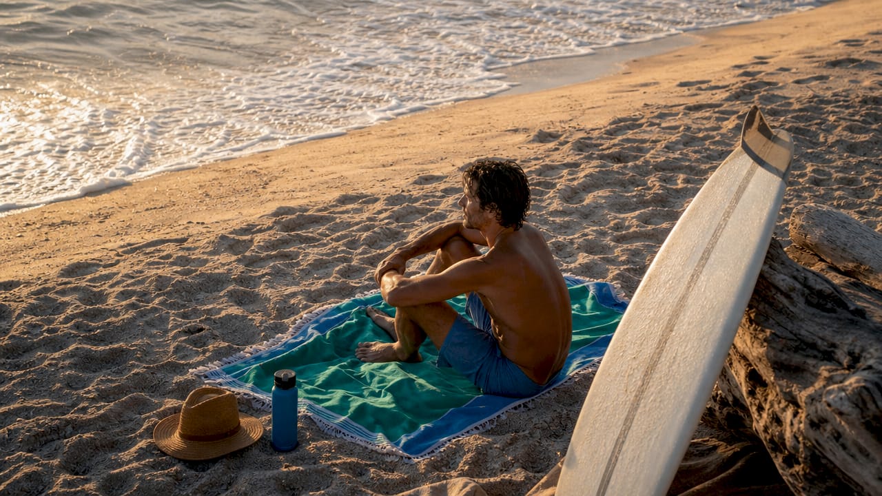 Man relaxing on beach after surfing