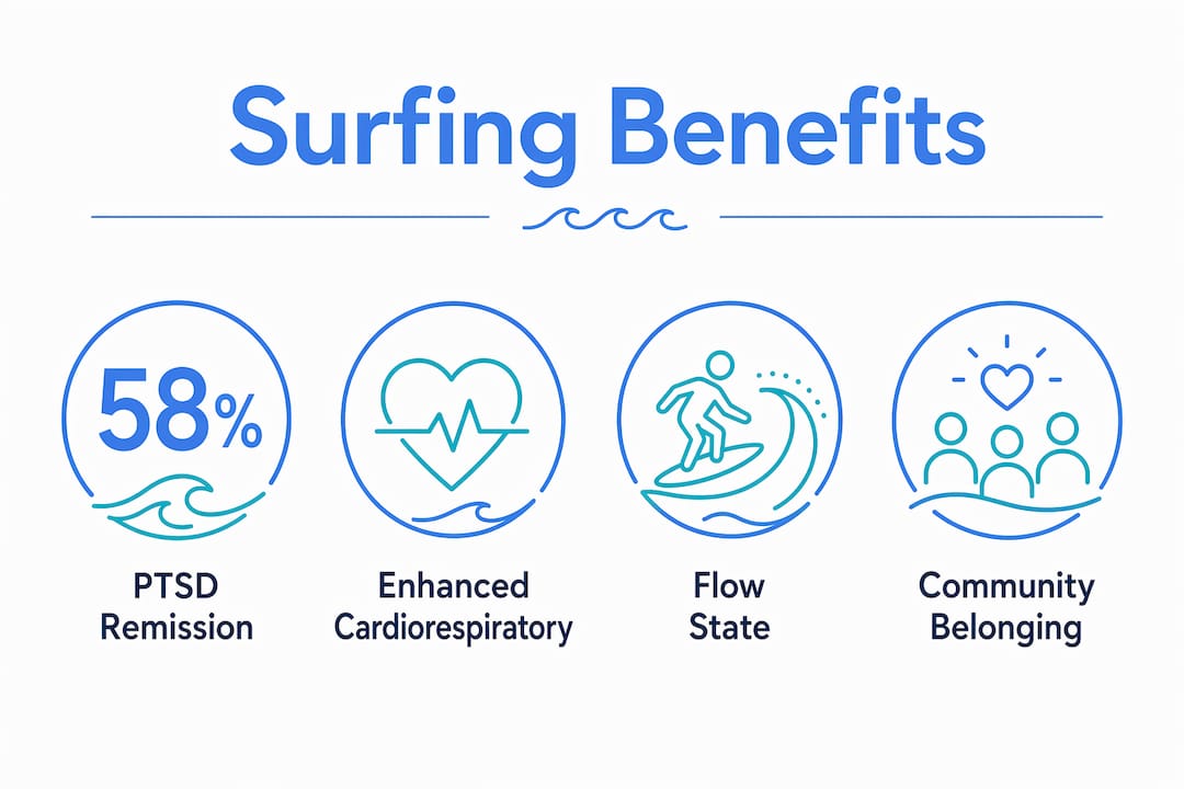 Infographic showing surfing mental, physical, social benefits