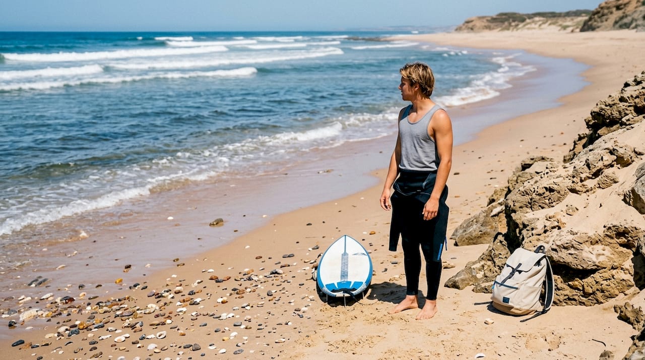 Surfer observing ocean surf hazards on beach