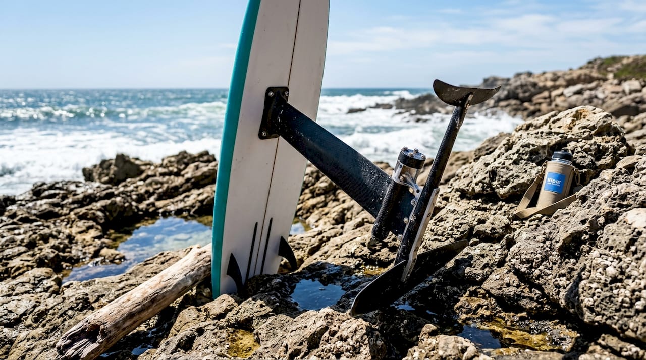Close-up of foil surfboard and hydrofoil parts on beach